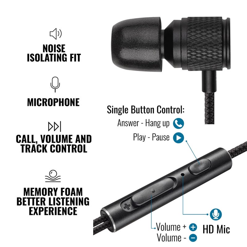 LUDOS Ultra Wired Earbuds in-Ear Headphones, 5 Years Warranty, Earphones with Microphone, Noise Isolating Ear Buds, Memory Foam for iPhone, Samsung, School Students, Kids, Women, Small Ears - Black - Image 2